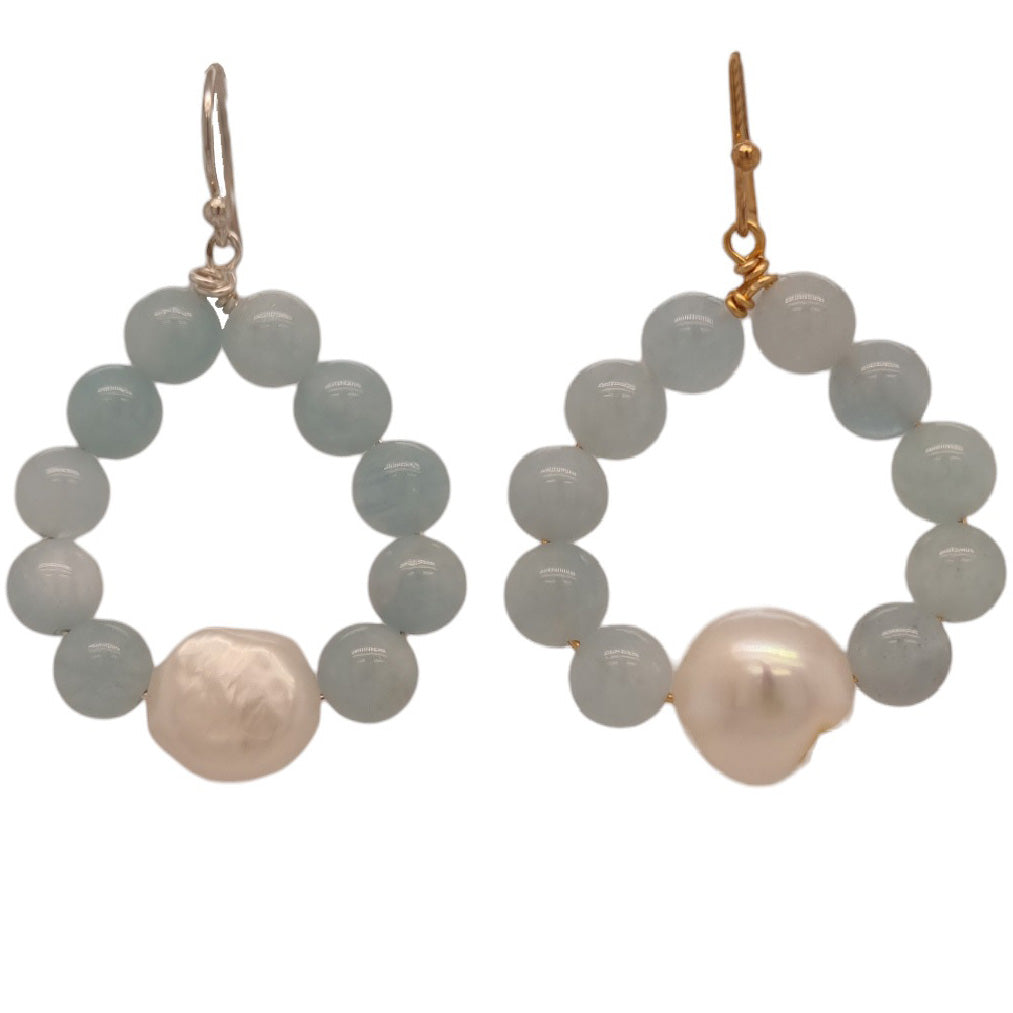 Nina Aquamarine & Freshwater Pearl Hoop Earrings