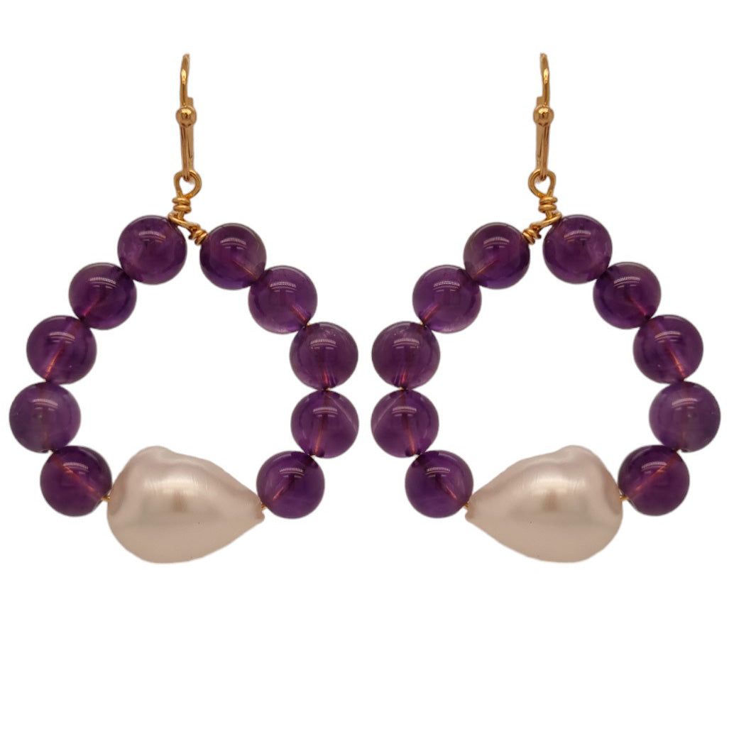 Nina Amethyst & Freshwater Pearl Hoop Earrings