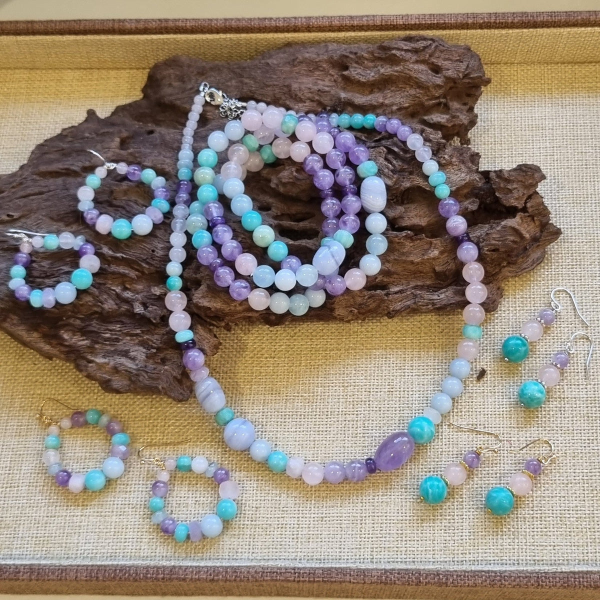 Acqua Amazonite, Rose Quartz and Amethyst Earrings bracelet and necklace