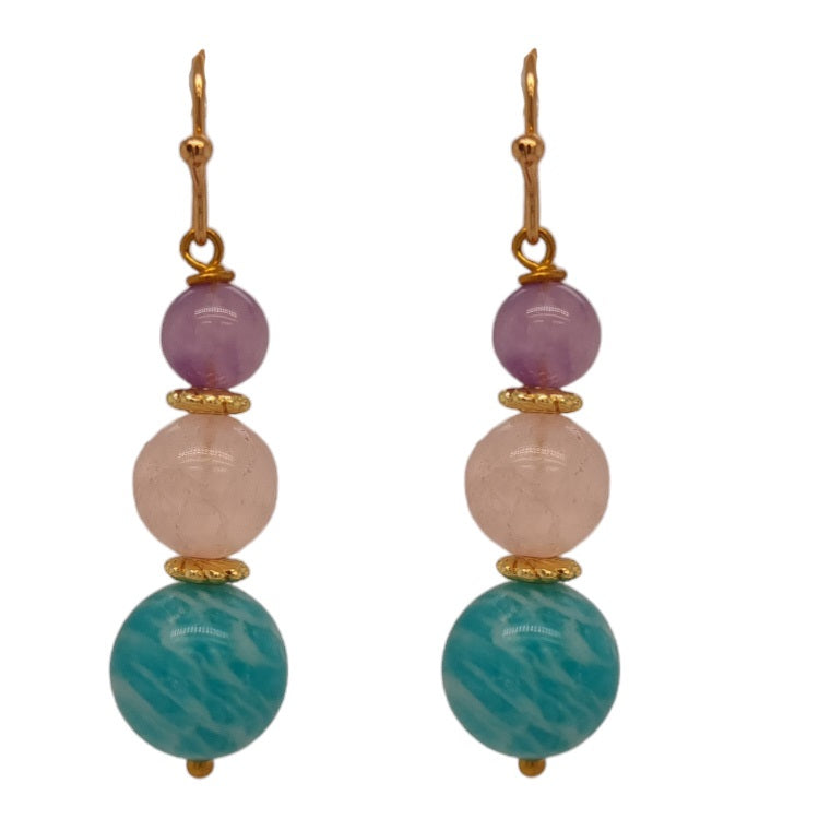 Acqua Amazonite, Rose Quartz and Amethyst Earrings