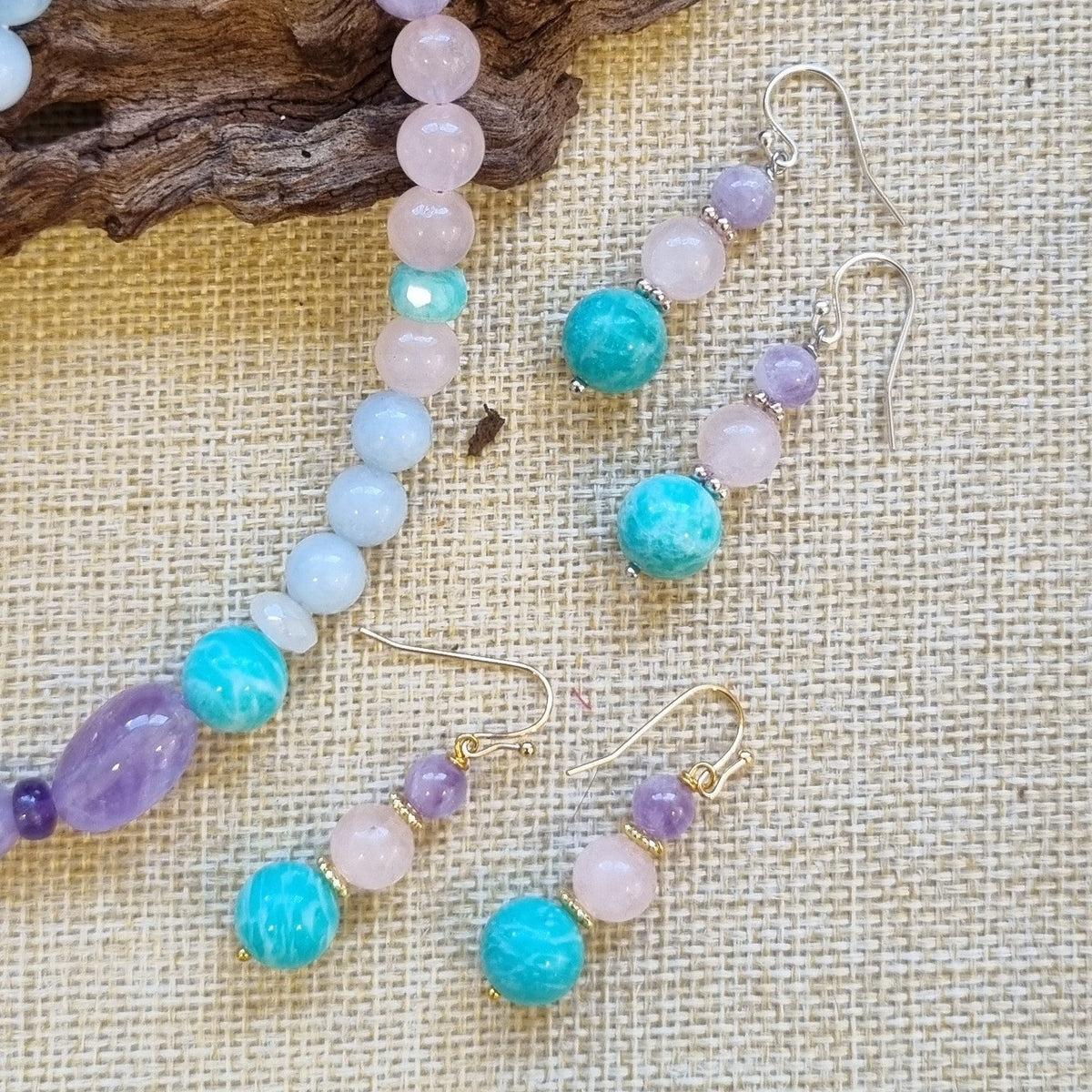 Acqua Amazonite, Rose Quartz and Amethyst Earrings