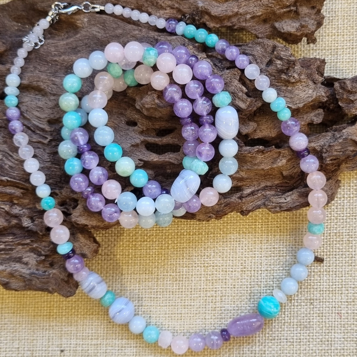 Acqua Aquamarine, Amazonite, Rose Quartz Amethyst Necklace