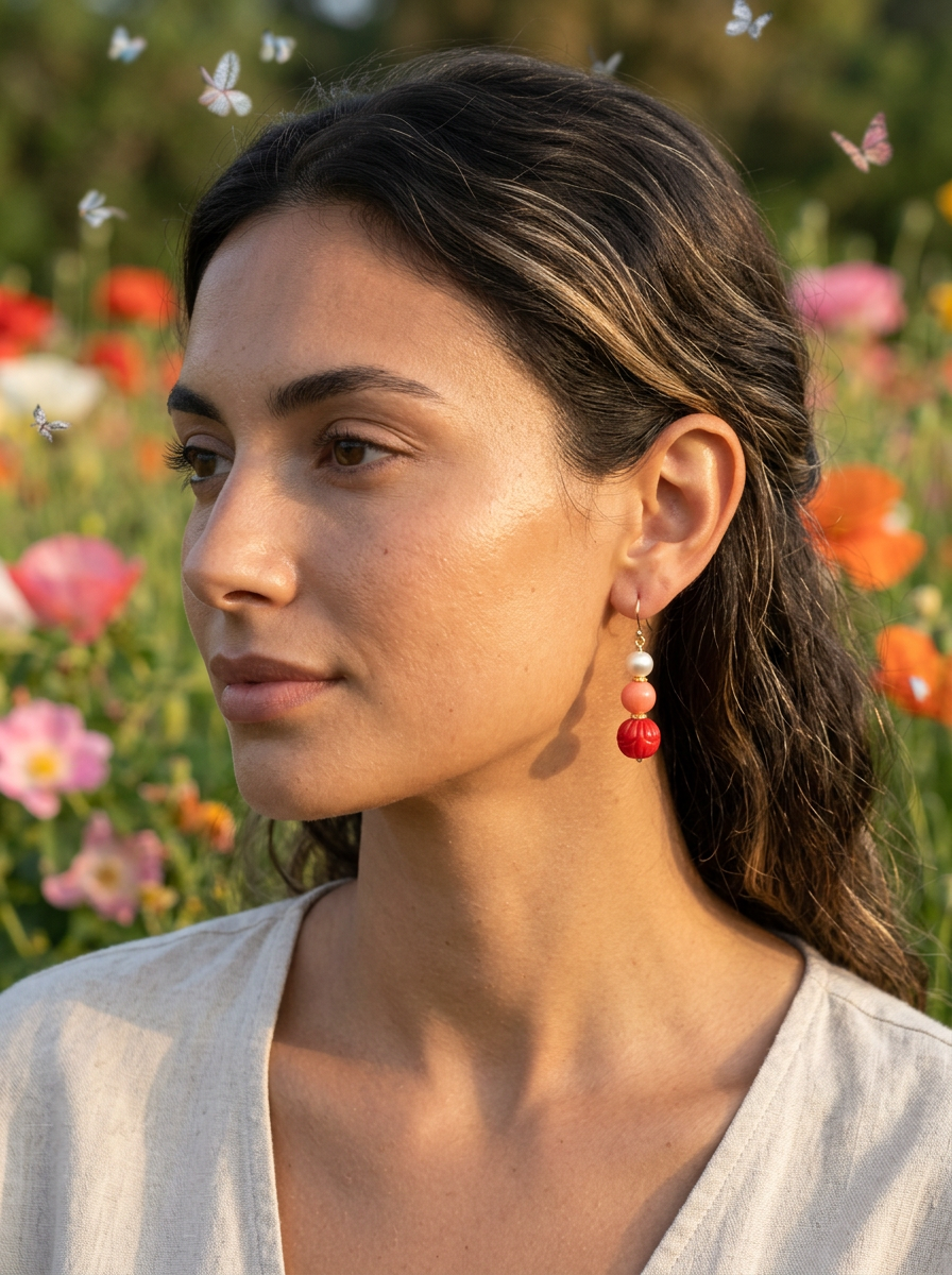 Alaria Carved Red Coral, Apricot Coral Freshwater Pearl Earrings