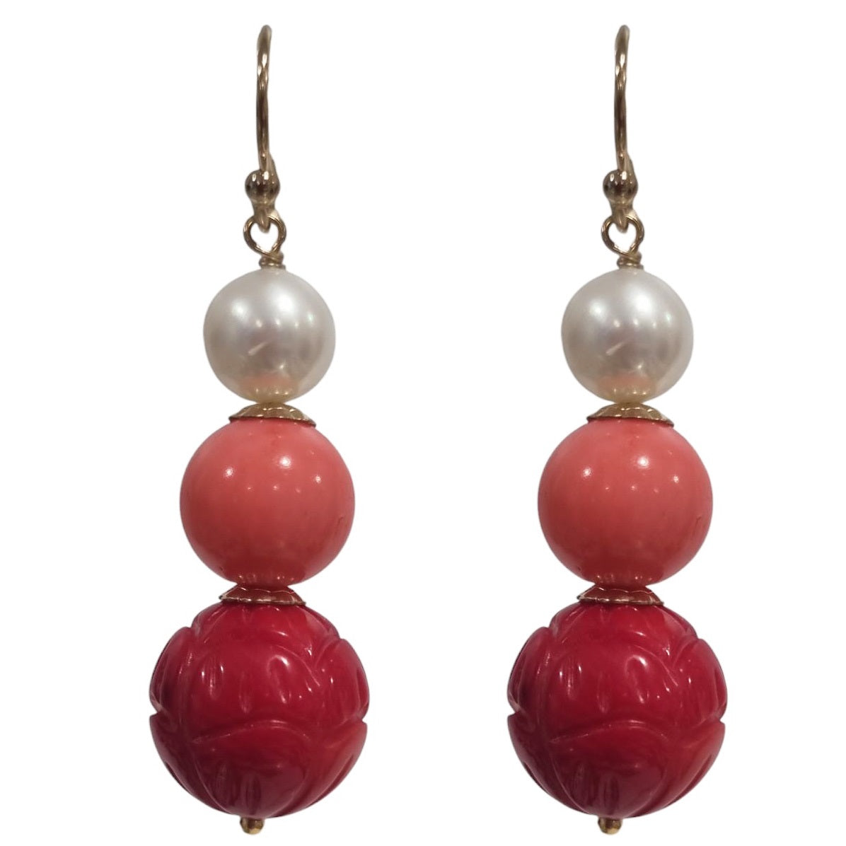Alaria Carved Red Coral, Apricot Coral Freshwater Pearl Earrings