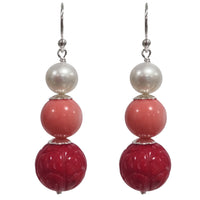 Alaria Carved Red Coral, Apricot Coral Freshwater Pearl Earrings