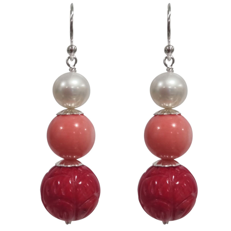 Alaria Carved Red Coral, Apricot Coral Freshwater Pearl Earrings