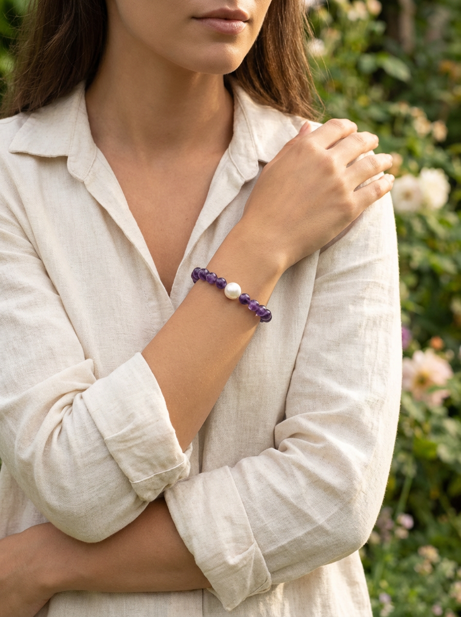 Amethyst and Freshwater Pearl Elastic Bracelet