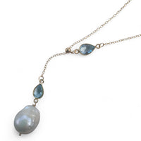 Amis Baroque Freshwater Pearl Slider Drop Necklace Blue Topaz