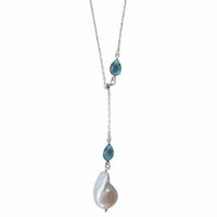 Amis Baroque Freshwater Pearl Slider Drop Necklace Blue Topaz