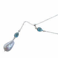 Amis Baroque Freshwater Pearl Slider Drop Necklace Blue Topaz