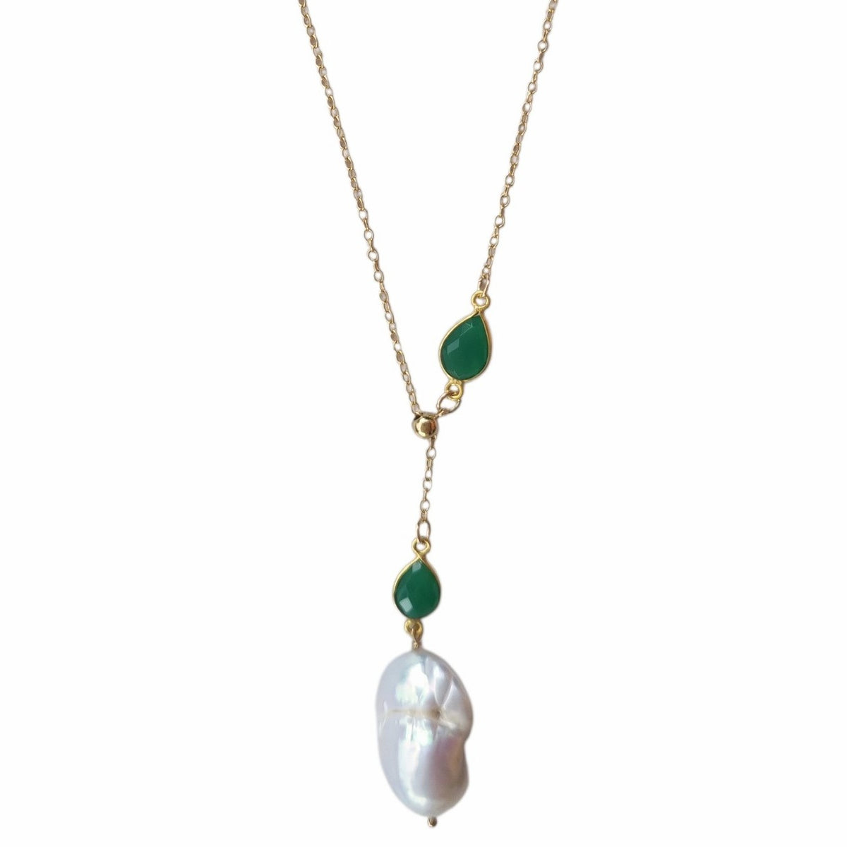 Amis Baroque Freshwater Pearl Slider Drop Necklace Green Onyx