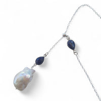 Amis Baroque Freshwater Pearl Slider Drop Necklace Lapis Lazuli