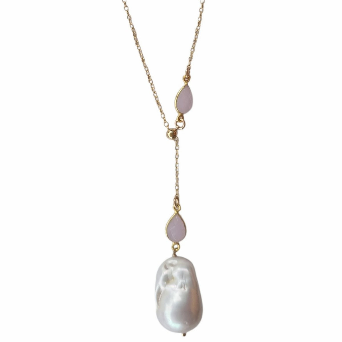 Amis Baroque Freshwater Pearl Slider Drop Necklace Rose Quartz