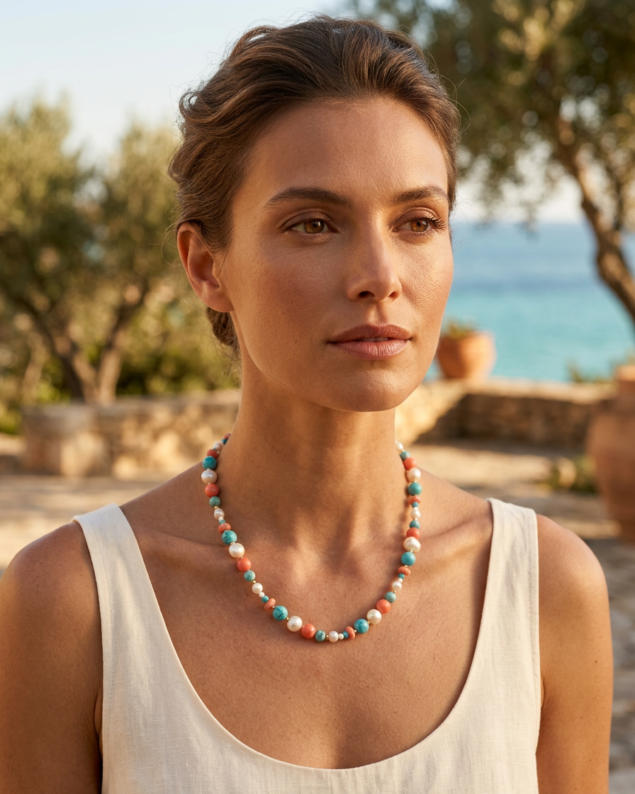 Aphrodite Turquoise, Freshwater Pearl and Coral Necklace