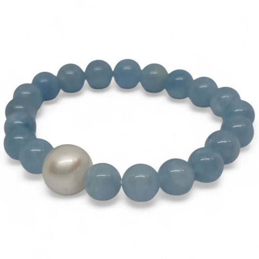 Aquamarine and Freshwater Pearl Elastic Bracelet