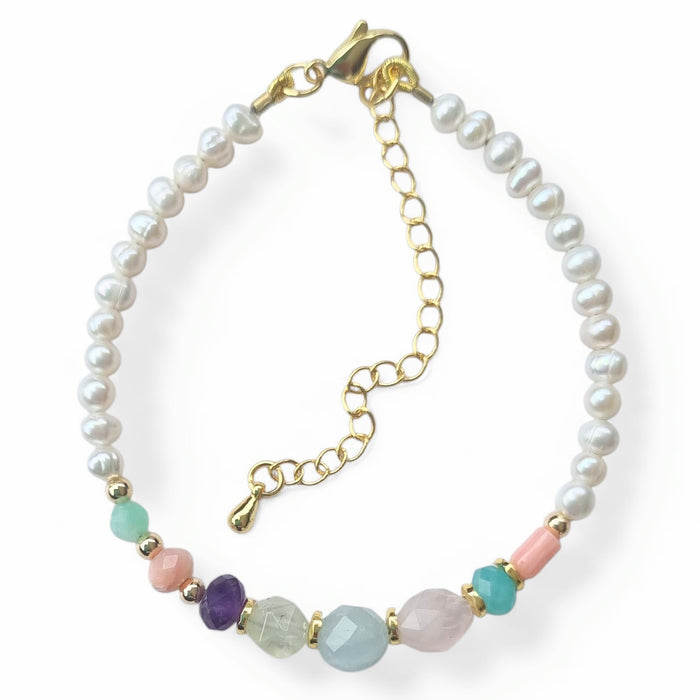 Astley Bracelet Pearl, Coral, Amazonite, Rose Quartz, Aquamarine, Amethyst, Pink Opal and Chrysophase