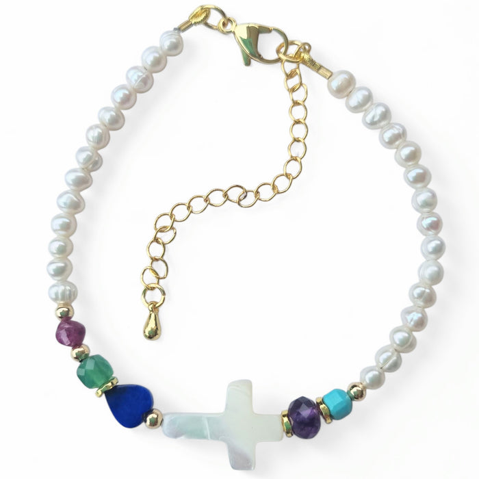 Astley Bracelet Pearl, Turquoise, Amethyst, MOP Cross, Lapis Green Onyx and Ruby