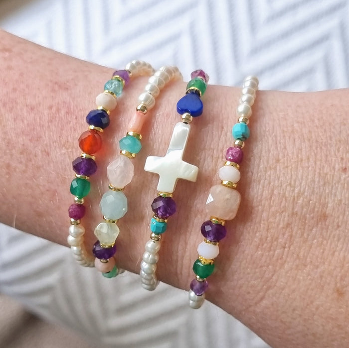 Astley bracelet Pearl, Ruby, Green Onyx, Amethyst, Carnelian, Lapis Lazuli, Pink Opal