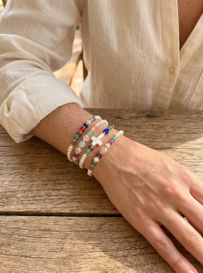 Astley Stacking Bracelet Ruby, Green Onyx, Amethyst, Carnelian, Lapis Lazuli, Pink Opal and Blue Topaz