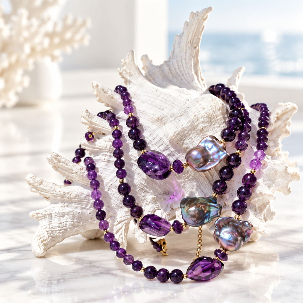 Astra Amethyst with Freshwater Baroque Grey Pearl Necklace