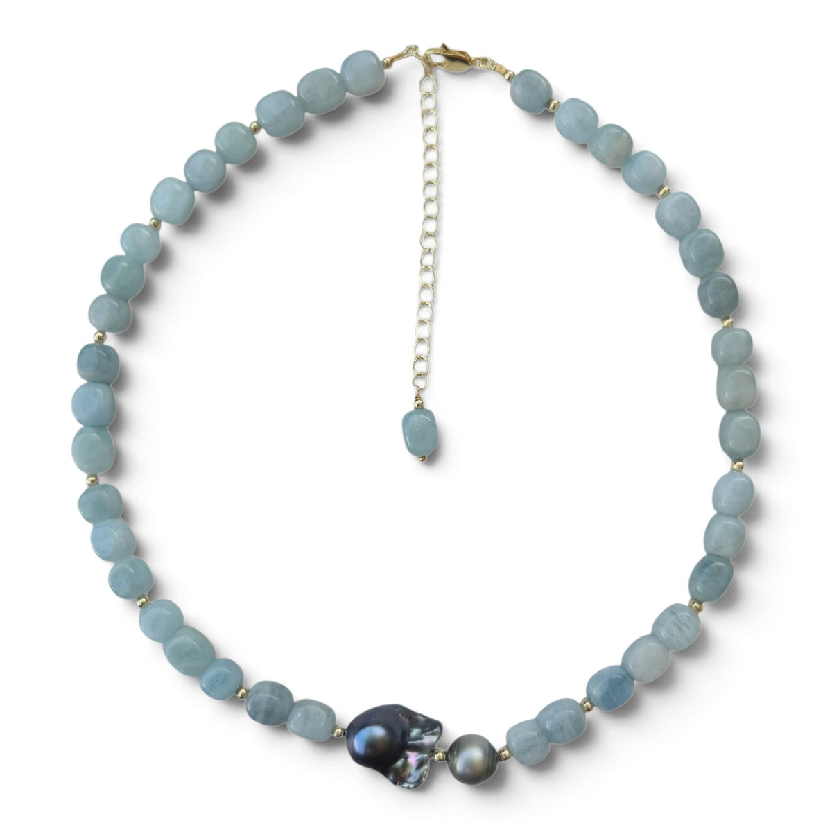 Astra Aquamarine with Tahitian and Freshwater Baroque Grey Pearl Necklace