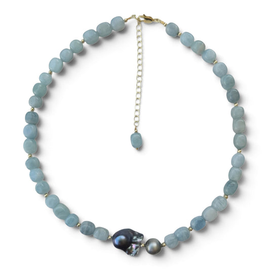 Astra Aquamarine with Tahitian and Freshwater Baroque Grey Pearl Necklace