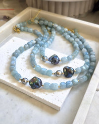 Astra Aquamarine with Tahitian and Freshwater Baroque Grey Pearl Necklace