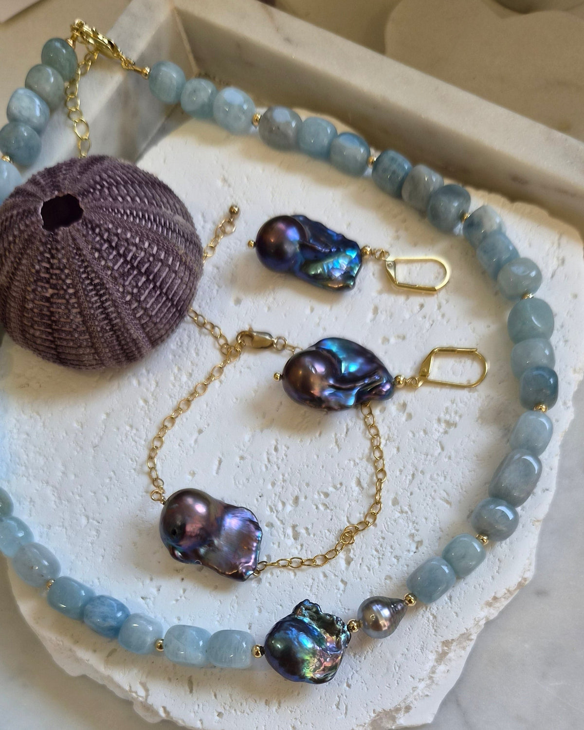 Astra Aquamarine with Tahitian and Freshwater Baroque Grey Pearl Necklace with bracelet and earrings