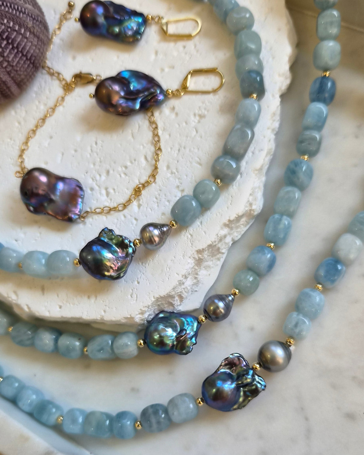 Astra Aquamarine with Tahitian and Freshwater Baroque Grey Pearl Necklace with bracelet and earrings