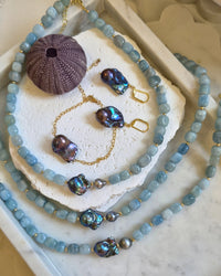 Astra Aquamarine with Tahitian and Freshwater Baroque Grey Pearl Necklace with bracelet and earrings