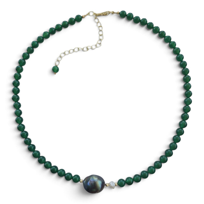 Astra Green Onyx and Grey Baroque with white Keshi Pearl Necklace