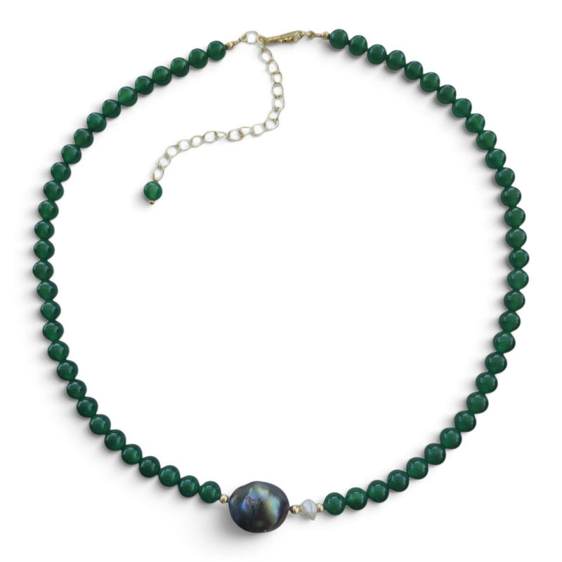 Astra Green Onyx and Grey Baroque with white Keshi Pearl Necklace