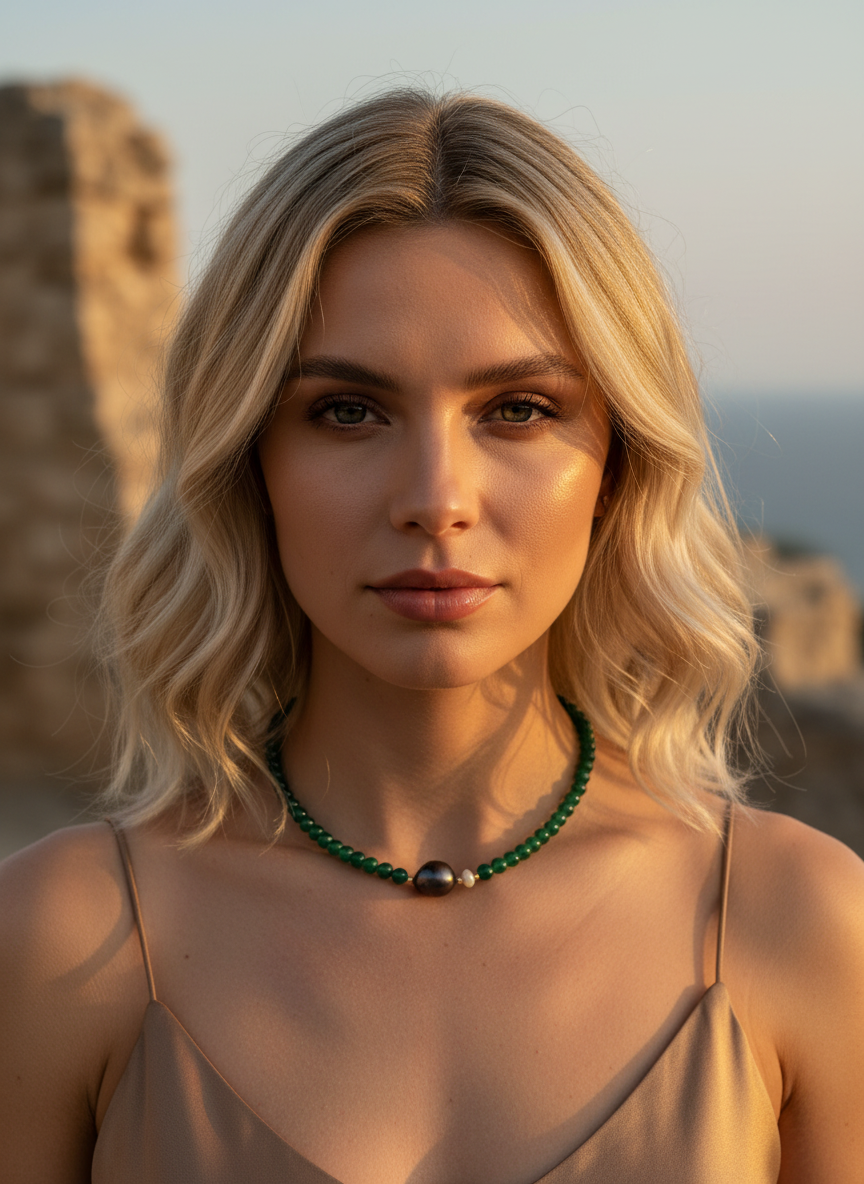 Astra Green Onyx and Grey Baroque with white Keshi Pearl Necklace