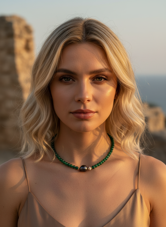 Astra Green Onyx and Grey Baroque with white Keshi Pearl Necklace