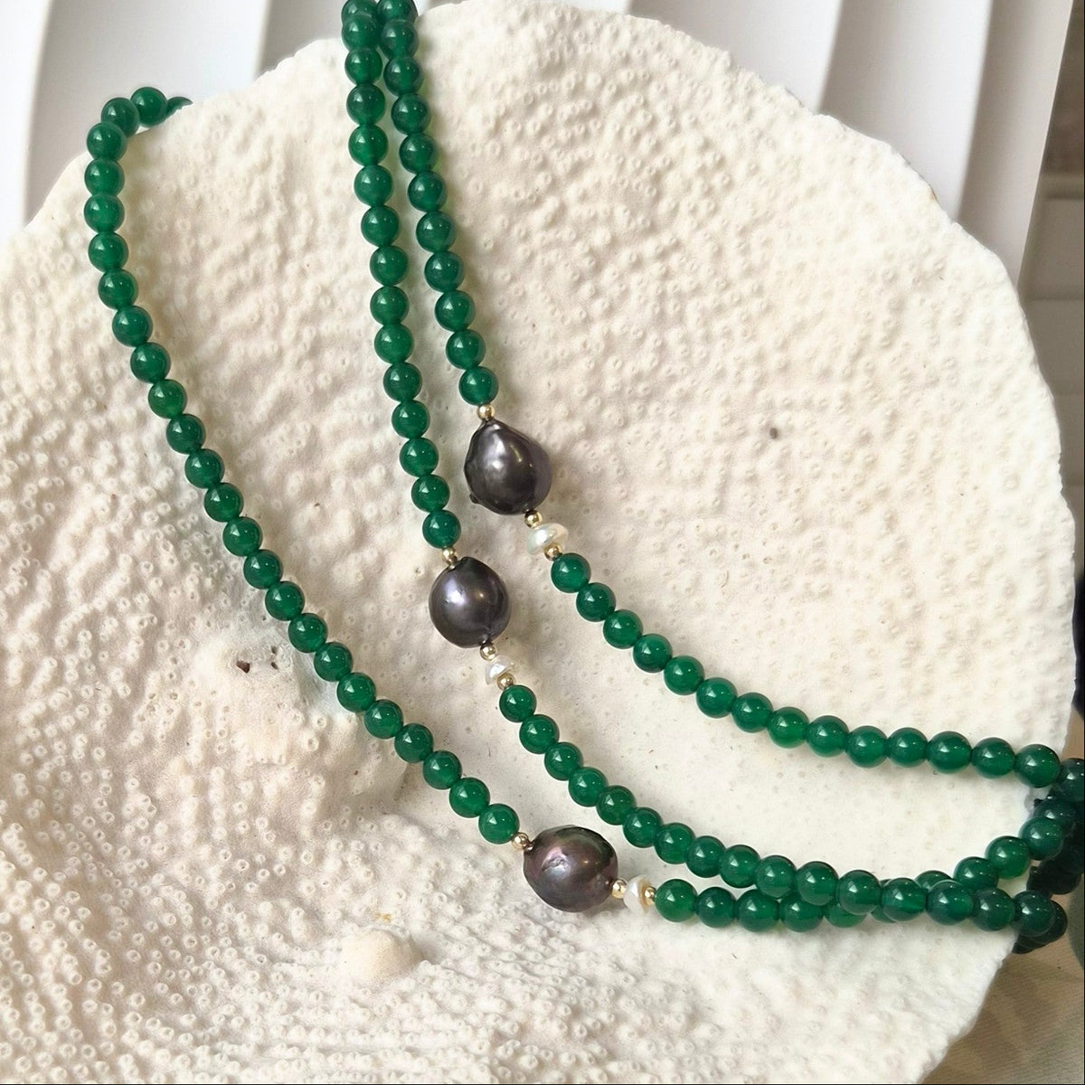 Astra Green Onyx and Grey Baroque with white Keshi Pearl Necklace