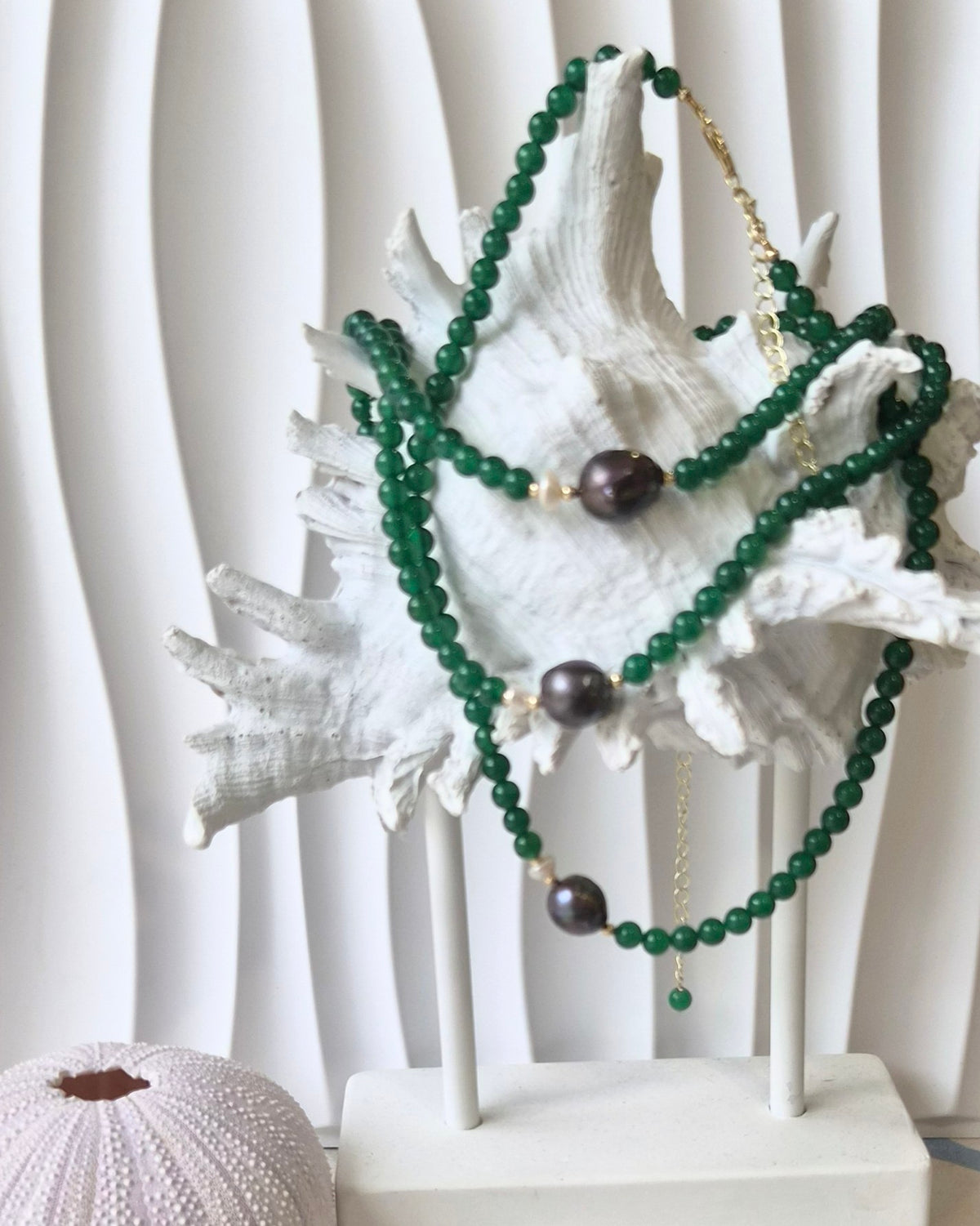 Astra Green Onyx and Grey Baroque with white Keshi Pearl Necklace