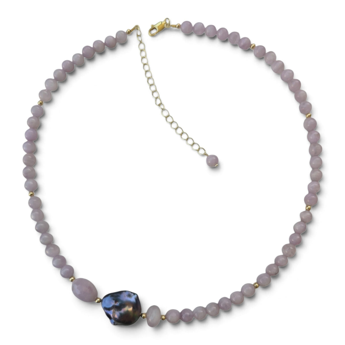 Astra Kunzite and Freshwater Baroque Grey Pearl Necklace