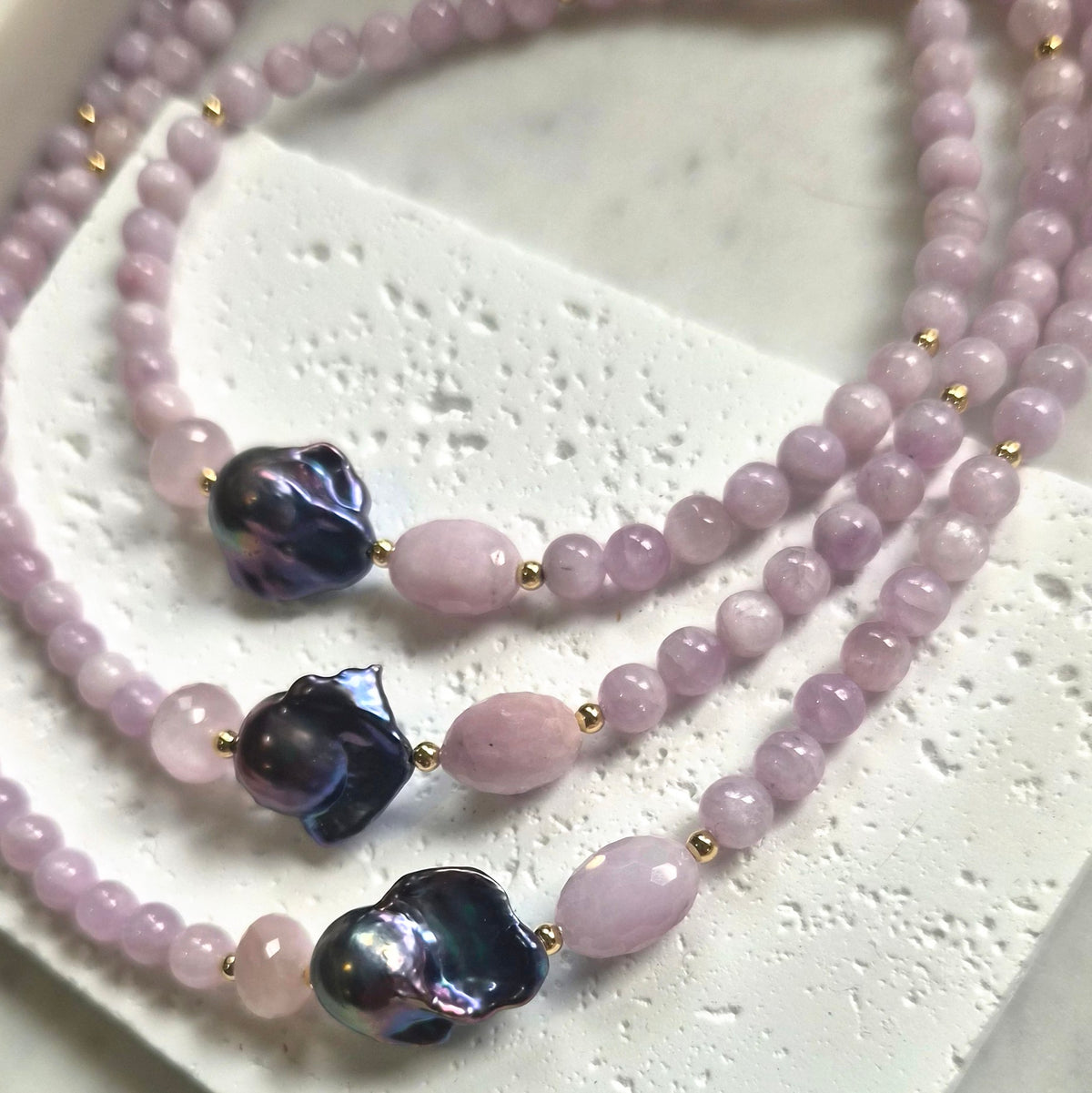 Astra Kunzite and Freshwater Baroque Grey Pearl Necklace