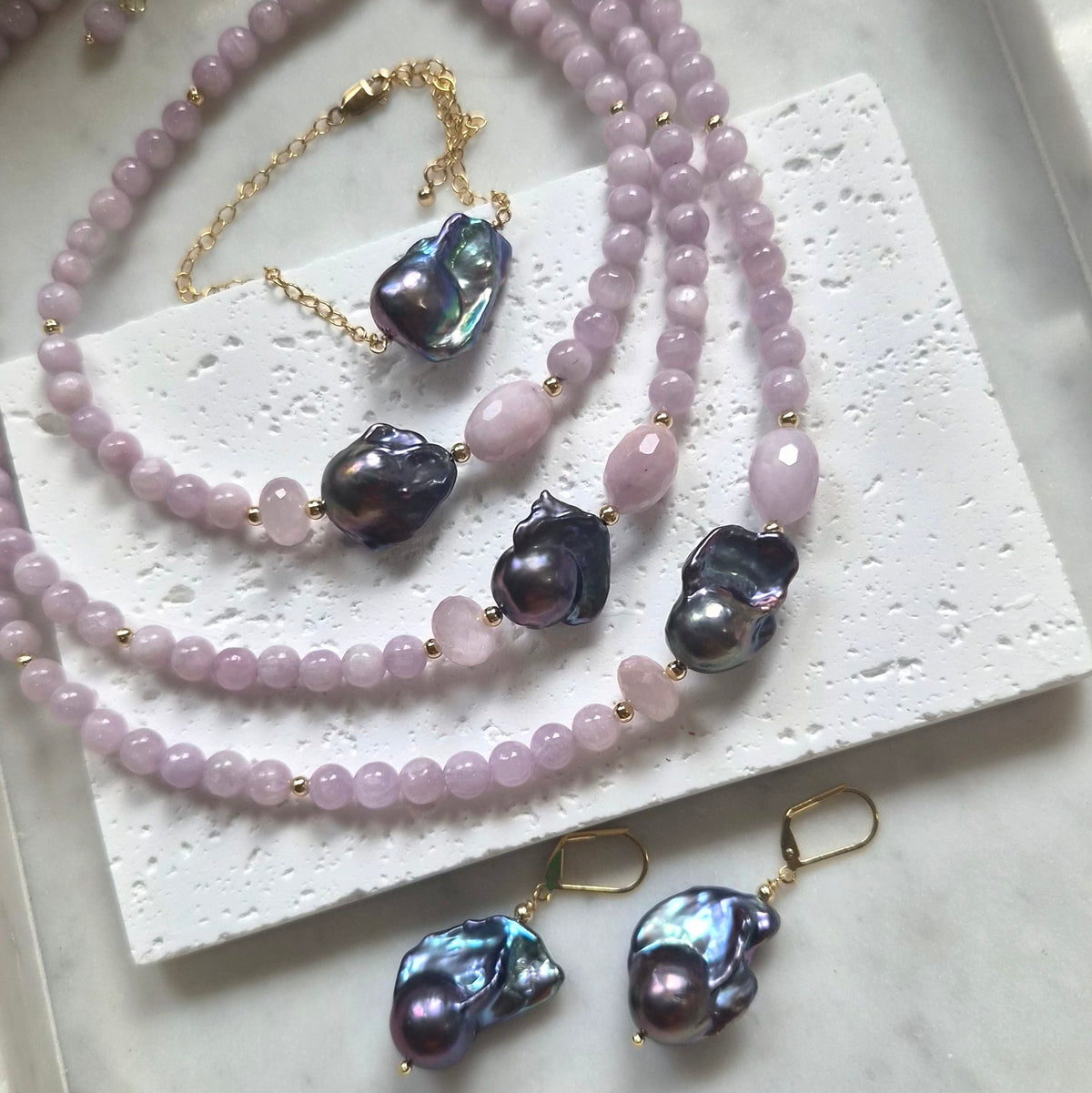 Astra Kunzite and Freshwater Baroque Grey Pearl Necklace
