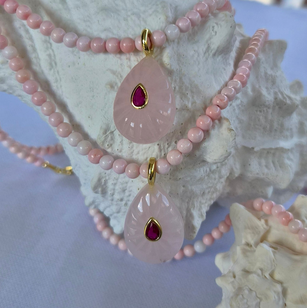 Aurevella Pink Shell Necklace with Rose Quartz Pendant