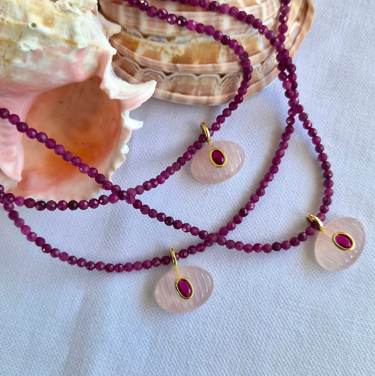 Aurevella Ruby Necklace with Rose Quartz Pendant