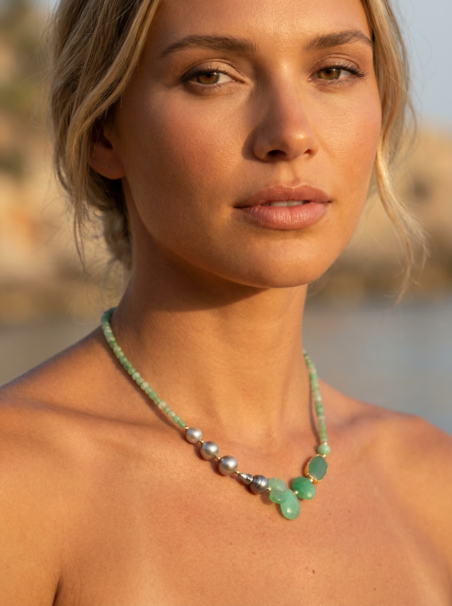 Aurevia Chrysoprase and Tahitian Pearl Necklace