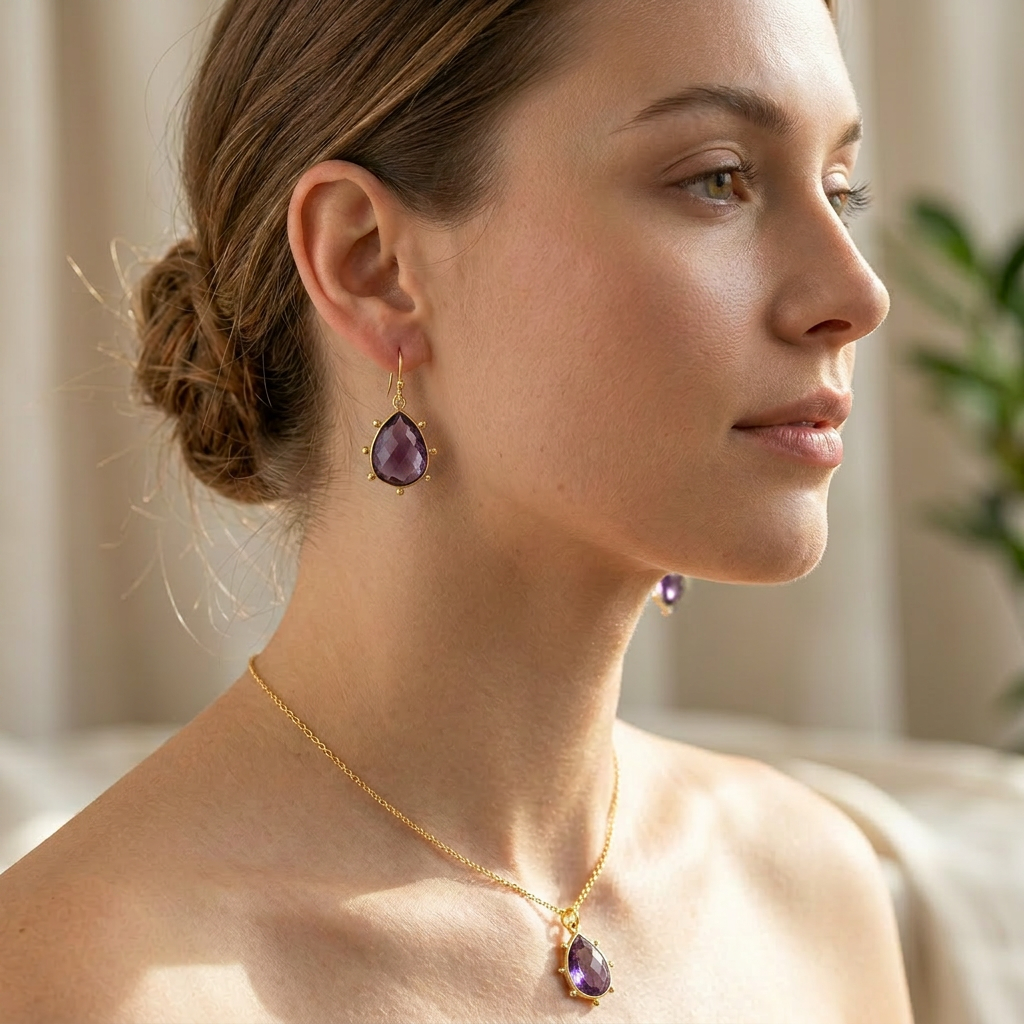 Aurulia Gemstone drop Necklace Chain Amethyst