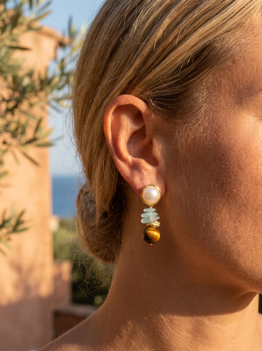 Azuro Tiger Eye, Aquamarine and Pearl Earrings