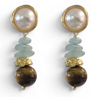Azuro Tiger Eye, Aquamarine and Pearl Earrings