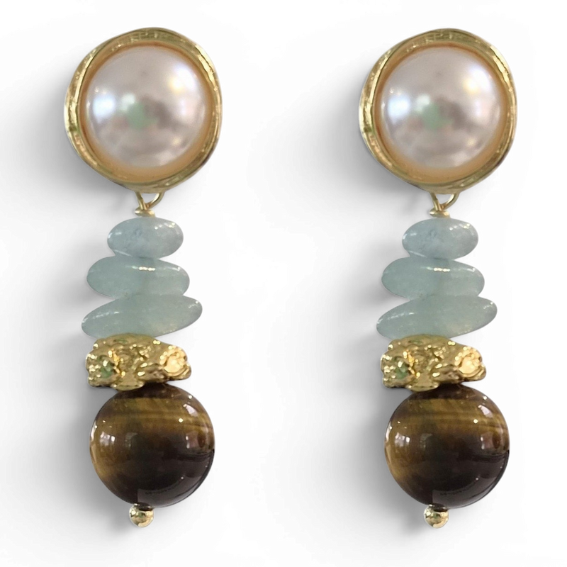Azuro Tiger Eye, Aquamarine and Pearl Earrings