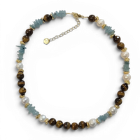 Azuro Tiger Eye, Aquamarine and Pearl Necklace