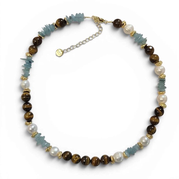 Azuro Tiger Eye, Aquamarine and Pearl Necklace