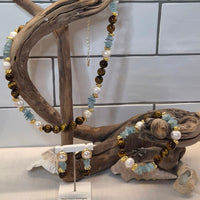 Azuro Tiger Eye, Aquamarine and Pearl Necklace bracelet and earrings