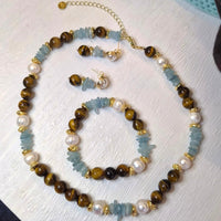 Azuro Tiger Eye, Aquamarine and Pearl Necklace bracelet and earrings
